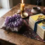 Crystals placed next to a tarot card deck on a wooden table