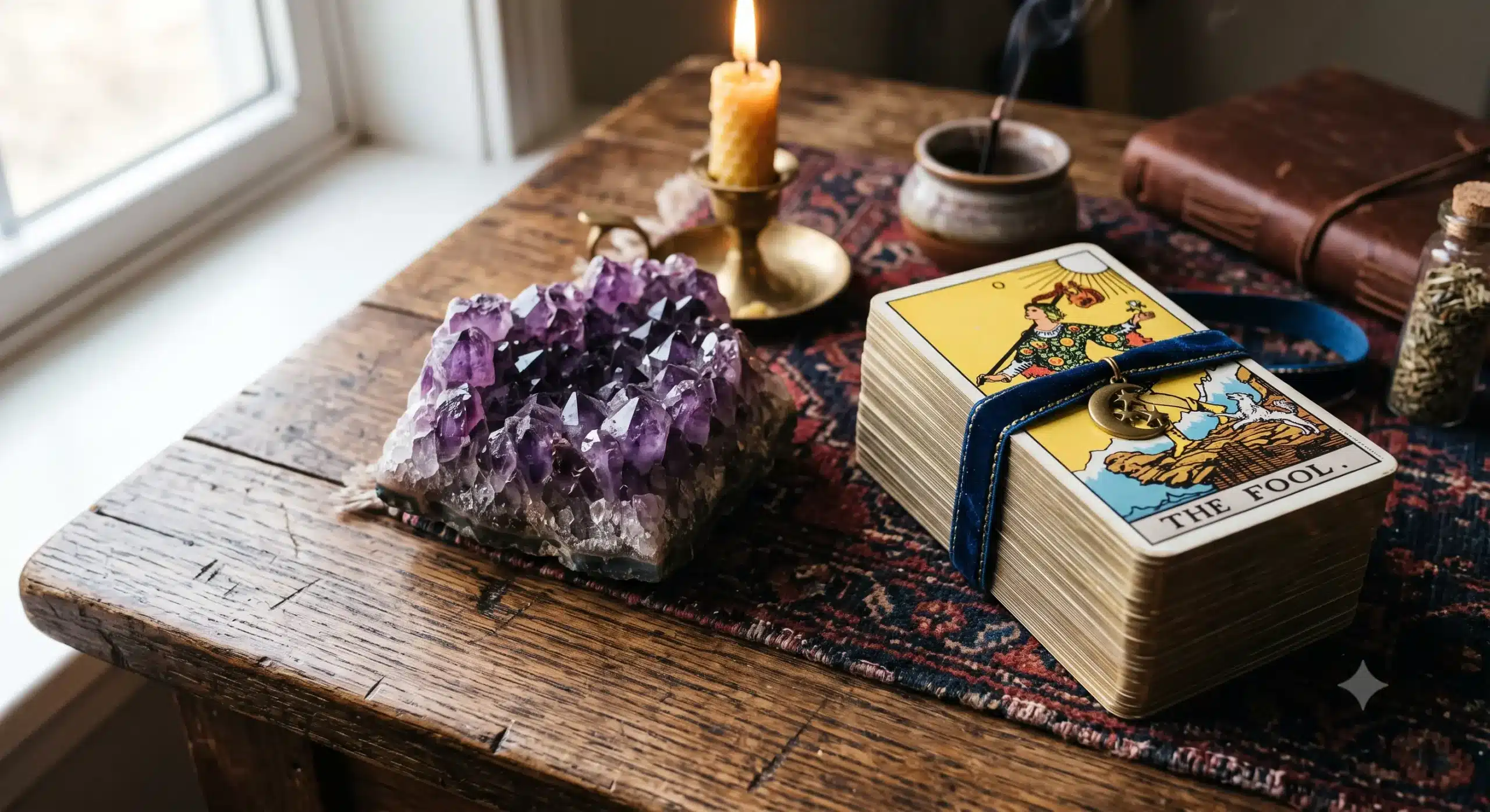 Crystals placed next to a tarot card deck on a wooden table