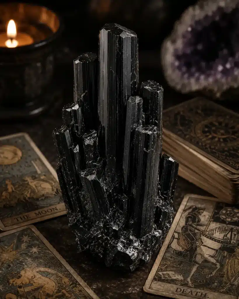 Raw black tourmaline crystal the grounding protection stone