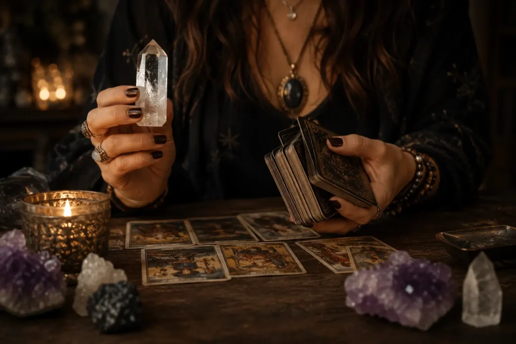 Woman holding a crystal in her hand while shuffling tarot cards before starting a reading