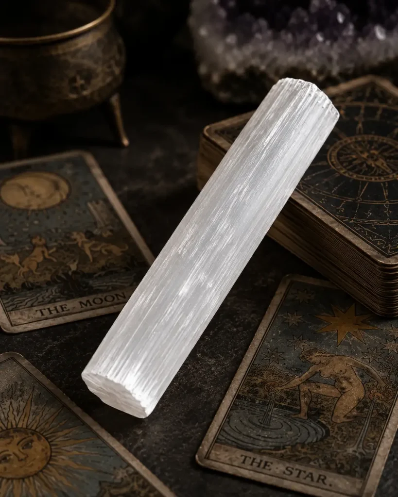 White selenite crystal wand used for cleansing a tarot card deck